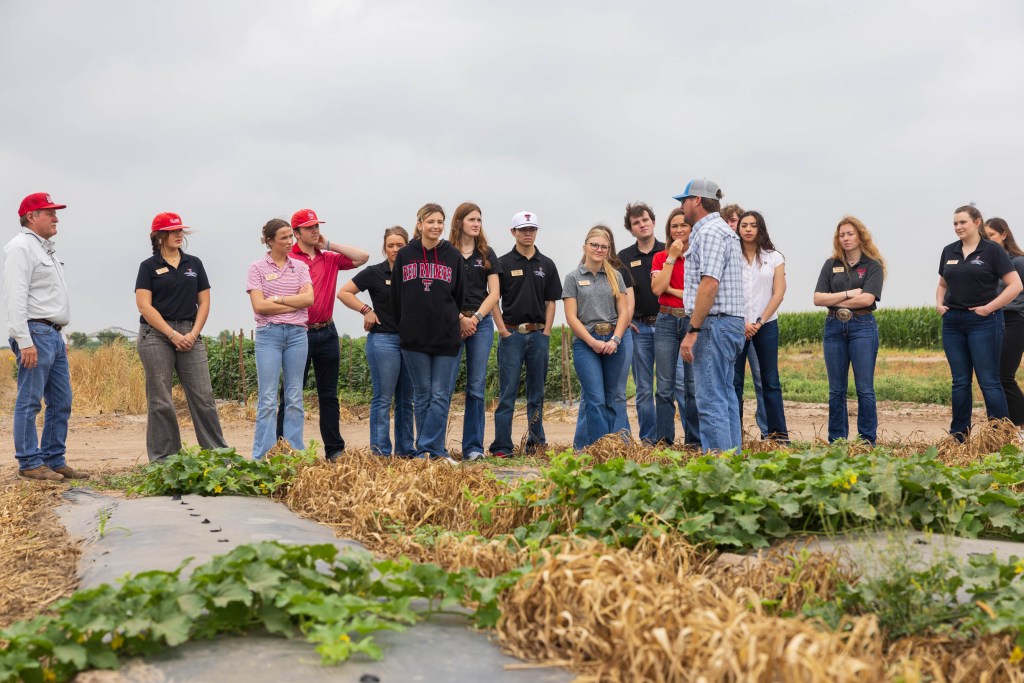 A group of students from the Matador Institute of Leadership Engagement listens to a speaker during a farm tour in the Rio Grande Valley, surrounded by various crops.